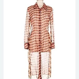 Zara Sheer Duster Pattern Brown Gold Cream Long Sleeve Layer Cover Up Large EUC